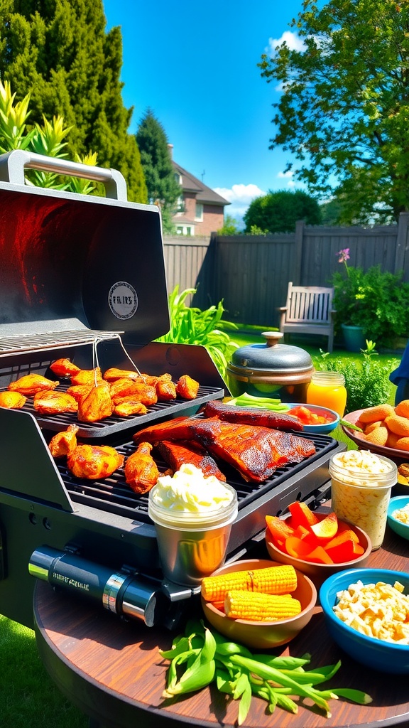 Outdoor barbecue with grilled meats and vegetables in a garden setting.